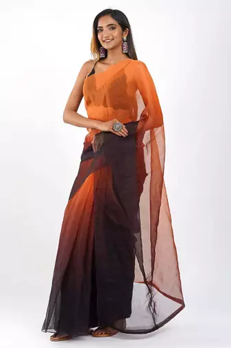 orange and black Organza shading print saree