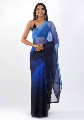 Blue and black Organza shading print saree 1
