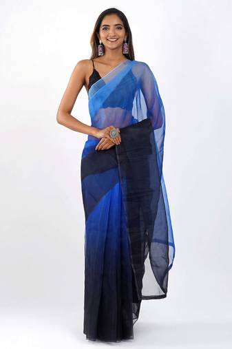 Blue and black Organza shading print saree