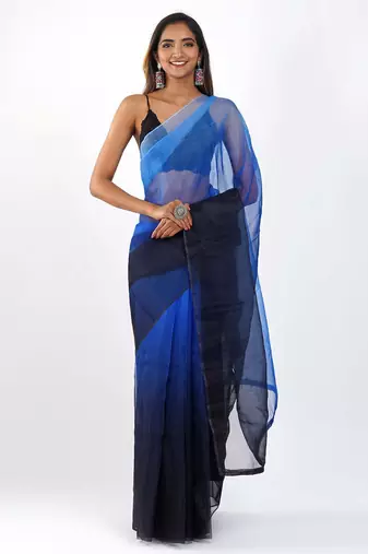 Blue and black Organza shading print saree