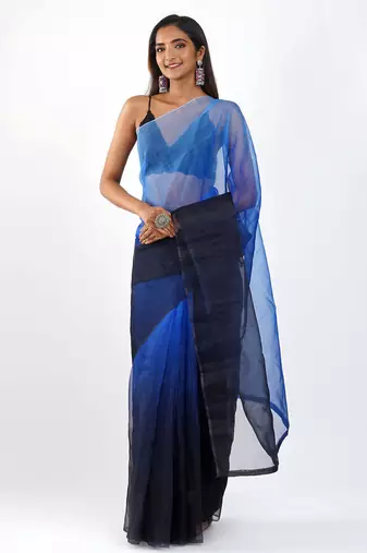 Blue and black Organza shading print saree
