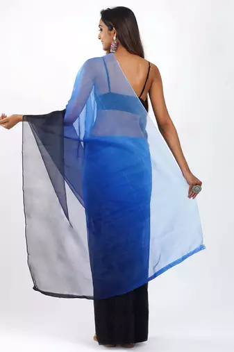 Blue and black Organza shading print saree
