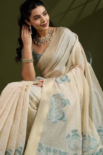 Light Green Muga Cotton With Kalamkari Peacock Weaving Saree 