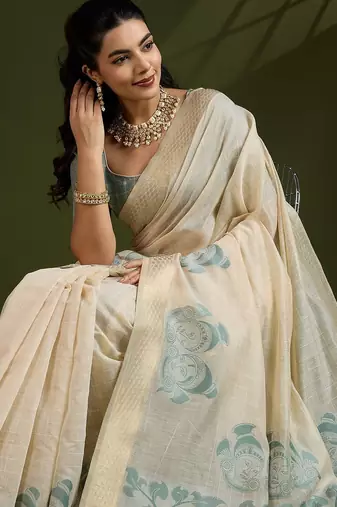 Light Green Muga Cotton With Kalamkari Peacock Weaving Saree 
