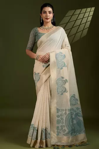 Light Green Muga Cotton With Kalamkari Peacock Weaving Saree 