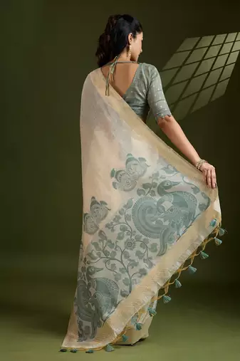 Light Green Muga Cotton With Kalamkari Peacock Weaving Saree 
