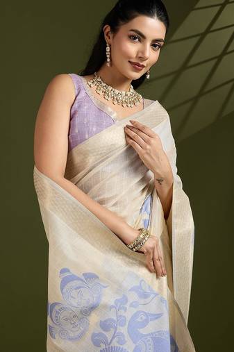 Lavender Muga Cotton With Kalamkari Peacock Weaving Saree 