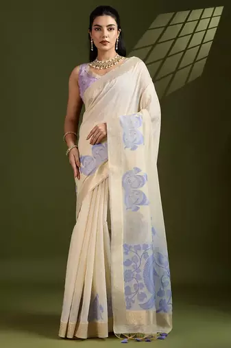 Lavender Muga Cotton With Kalamkari Peacock Weaving Saree 