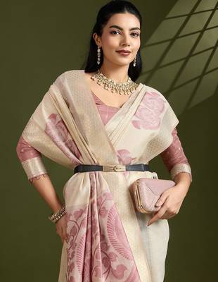 Light Pink Muga Cotton With Kalamkari Peacock Weaving Saree  1