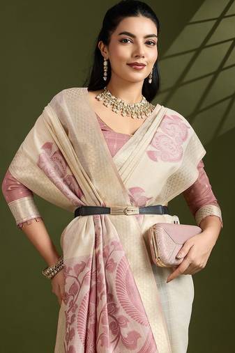 Light Pink Muga Cotton With Kalamkari Peacock Weaving Saree 
