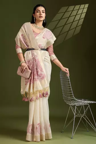 Light Pink Muga Cotton With Kalamkari Peacock Weaving Saree 