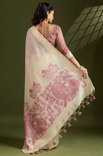 Light Pink Muga Cotton With Kalamkari Peacock Weaving Saree 