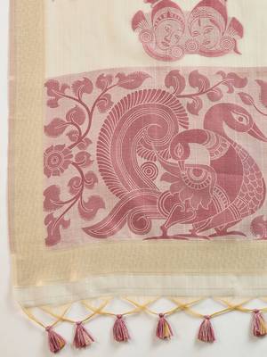Light Pink Muga Cotton With Kalamkari Peacock Weaving Saree  5