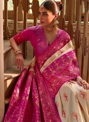Cream Banarasi silk blend Contrast Copper Zari Weaving Saree  1