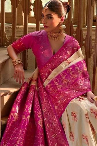 Cream Banarasi silk blend Contrast Copper Zari Weaving Saree 