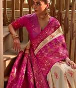 Cream Banarasi silk blend Contrast Copper Zari Weaving Saree 