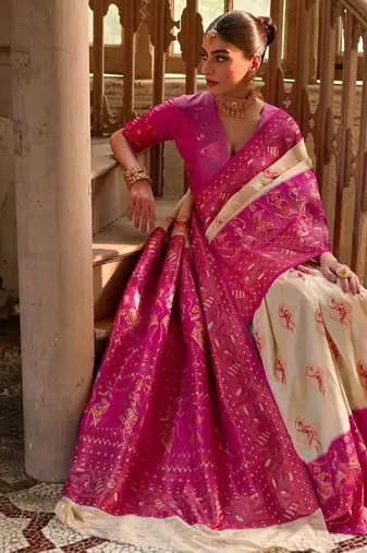 Cream Banarasi silk blend Contrast Copper Zari Weaving Saree 