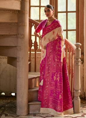 Cream Banarasi silk blend Contrast Copper Zari Weaving Saree  3