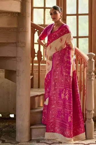 Cream Banarasi silk blend Contrast Copper Zari Weaving Saree 