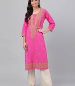 Hand embroidered pink cotton lucknowi chikankari straight kurta