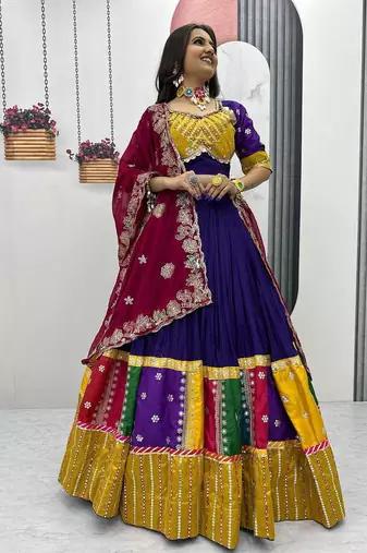 Multicolor Pure Cotton Lehenga Choli with Embroidery, Sequin Work, Ribbon & Lumpi Lace     With Blouse & Dupatta