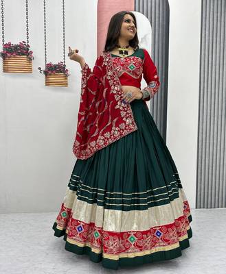 Full Stitched Dark Green & Red Pure Cotton Lehenga Choli with Thread & Sequin Embroidery     With Blouse 1
