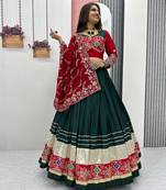 Full Stitched Dark Green & Red Pure Cotton Lehenga Choli with Thread & Sequin Embroidery     With Blouse