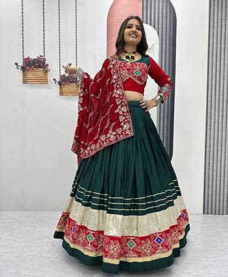 Full Stitched Dark Green & Red Pure Cotton Lehenga Choli with Thread & Sequin Embroidery     With Blouse 3