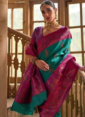 Emerald Banarasi silk blend Contrast Copper Zari Weaving Saree  1