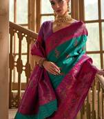 Emerald Banarasi silk blend Contrast Copper Zari Weaving Saree 