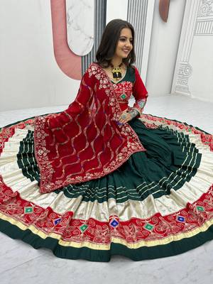 Full Stitched Dark Green & Red Pure Cotton Lehenga Choli with Thread & Sequin Embroidery     With Blouse 4