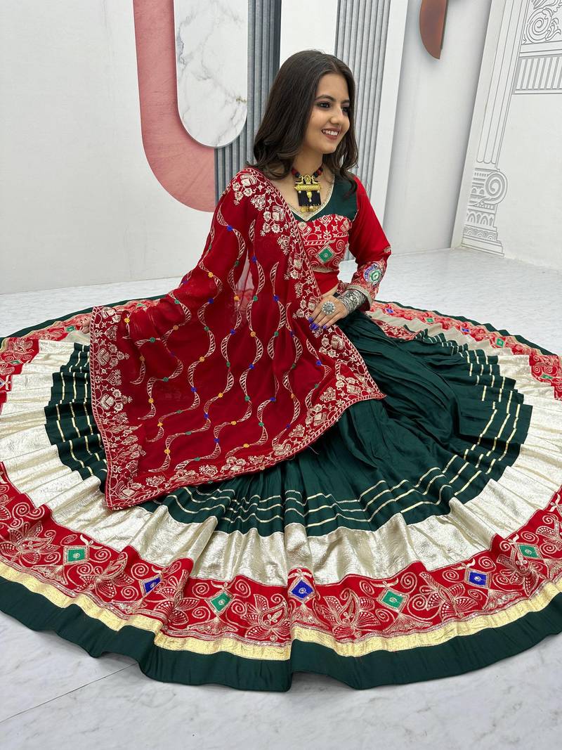 Full Stitched Dark Green & Red Pure Cotton Lehenga Choli with Thread & Sequin Embroidery     With Blouse