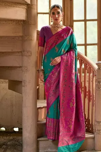 Emerald Banarasi silk blend Contrast Copper Zari Weaving Saree 