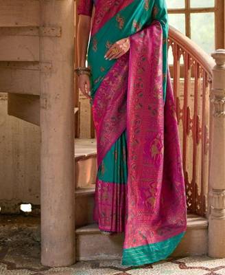 Emerald Banarasi silk blend Contrast Copper Zari Weaving Saree  3