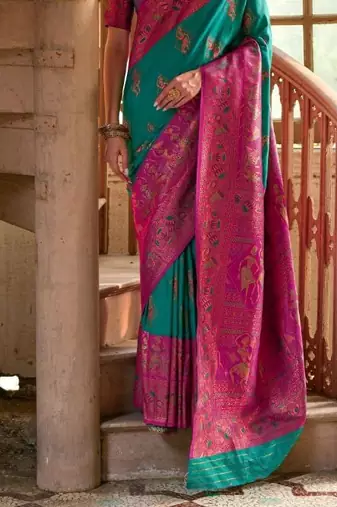 Emerald Banarasi silk blend Contrast Copper Zari Weaving Saree 