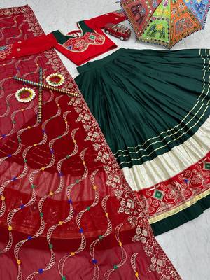 Full Stitched Dark Green & Red Pure Cotton Lehenga Choli with Thread & Sequin Embroidery     With Blouse 5