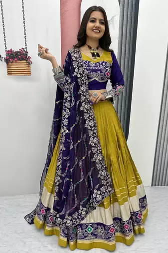 Full Stitched Mustard Yellow & Purple Pure Cotton Embroidered Lehenga Choli with Thread & Sequin Work     With Blouse