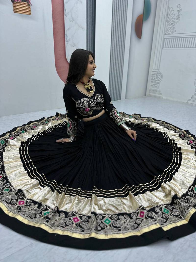 Full Stitched Black Pure Cotton Lehenga Choli with Thread & Sequin Embroidery Work     With Blouse