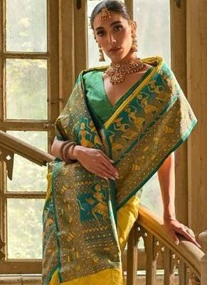 Pear Banarasi silk blend Contrast Copper Zari Weaving Saree  1