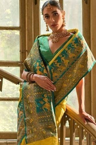 Pear Banarasi silk blend Contrast Copper Zari Weaving Saree 