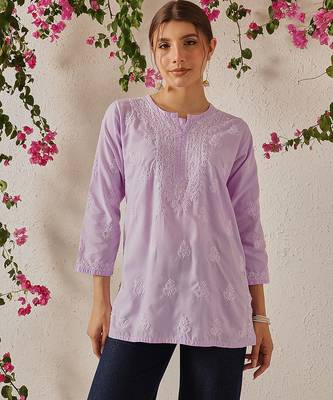 Hand embroidered lavender cotton lucknowi chikankari short kurti 1