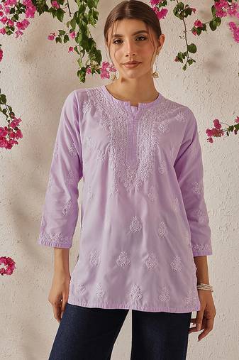 Hand embroidered lavender cotton lucknowi chikankari short kurti