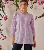 Hand embroidered lavender cotton lucknowi chikankari short kurti