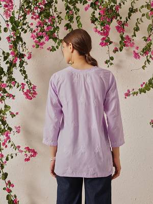 Hand embroidered lavender cotton lucknowi chikankari short kurti 2