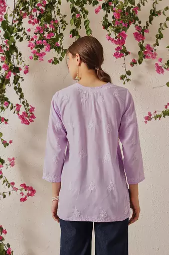Hand embroidered lavender cotton lucknowi chikankari short kurti