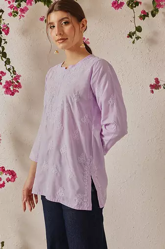 Hand embroidered lavender cotton lucknowi chikankari short kurti