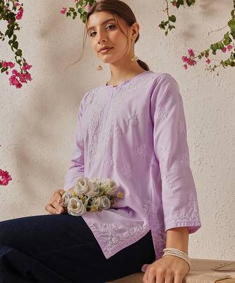 Hand embroidered lavender cotton lucknowi chikankari short kurti 4