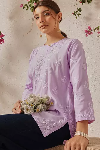 Hand embroidered lavender cotton lucknowi chikankari short kurti