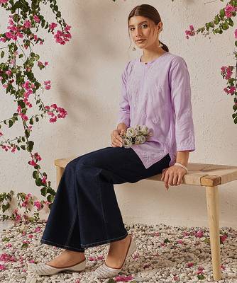 Hand embroidered lavender cotton lucknowi chikankari short kurti 5