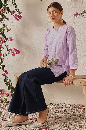 Hand embroidered lavender cotton lucknowi chikankari short kurti